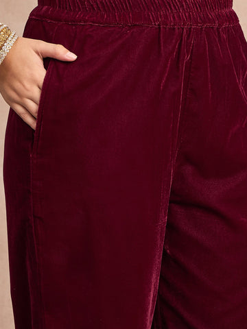 Velvet  Kurta Set , Paired With Trousers, And A Printed Velvet Dupatta
