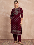 Velvet  Kurta Set , Paired With Trousers, And A Printed Velvet Dupatta