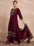 Velvet  Kurta Set , Paired With Trousers, And A Printed Velvet Dupatta