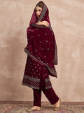 Velvet  Kurta Set , Paired With Trousers, And A Printed Velvet Dupatta