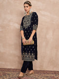 Velvet Kurta With Silver Print, Paired With  Trousers For An Elegant, Everyday Look