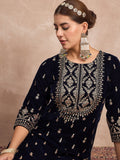 Velvet Kurta With Silver Print, Paired With  Trousers For An Elegant, Everyday Look