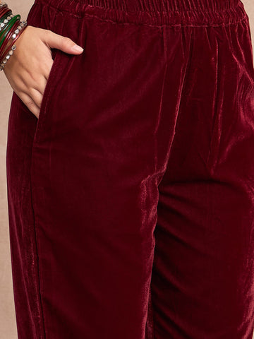 Velvet  Kurta Set , Paired With Trousers, And A Printed Velvet Dupatta