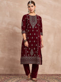 Velvet  Kurta Set , Paired With Trousers, And A Printed Velvet Dupatta