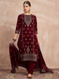 Velvet  Kurta Set , Paired With Trousers, And A Printed Velvet Dupatta