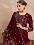 Velvet  Kurta Set , Paired With Trousers, And A Printed Velvet Dupatta