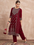 Velvet Kurta With Silver Print, Paired With  Trousers For An Elegant, Everyday Look