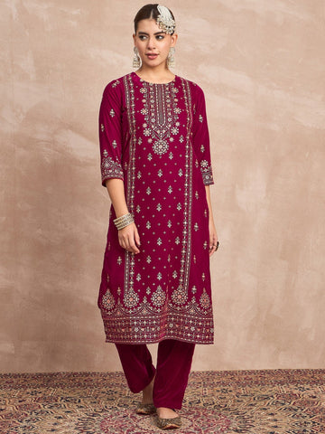 Velvet  Kurta Set , Paired With Trousers, And A Printed Velvet Dupatta