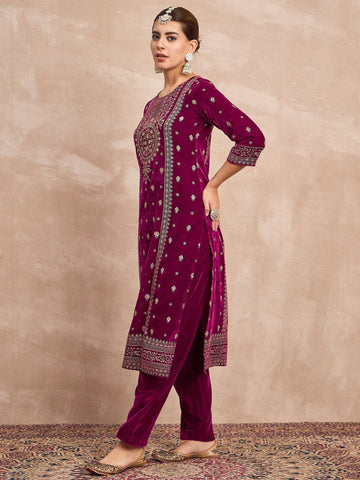 Velvet Kurta With Silver Print, Paired With Trousers For An Elegant, Everyday Look