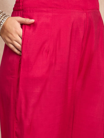 Fuchsia Straight-Fit Kurta Set With Intricate Zari Embroidery, Paired With Solid Ankle-Length Trousers And An Embroidered Dupatta For A Graceful Festive Look