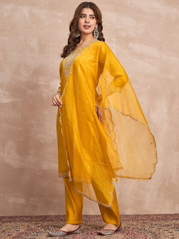 Kurta With Zari Embroidery, Teamed With Trousers And Paired With Dupatta