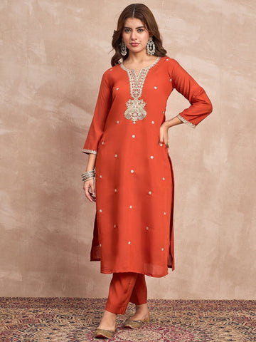 Kurta Set With Intricate Zari Embroidery, Paired With Solid Ankle-Length Trousers And An Embroidered Dupatta For A Graceful Festive Look