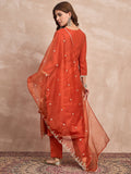 Kurta Set With Intricate Zari Embroidery, Paired With Solid Ankle-Length Trousers And An Embroidered Dupatta For A Graceful Festive Look