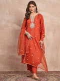 Kurta Set With Intricate Zari Embroidery, Paired With Solid Ankle-Length Trousers And An Embroidered Dupatta For A Graceful Festive Look