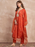 Kurta Set With Intricate Zari Embroidery, Paired With Solid Ankle-Length Trousers And An Embroidered Dupatta For A Graceful Festive Look