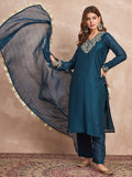 Kurta With Zari Embroidery, Teamed With Trousers And Paired With Dupatta