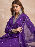 Kurta With Thread Embroidery And A V-Neck, Paired With Solid Ankle-Length Trousers And An Embroidered Dupatta For A Refined Ethnic Look