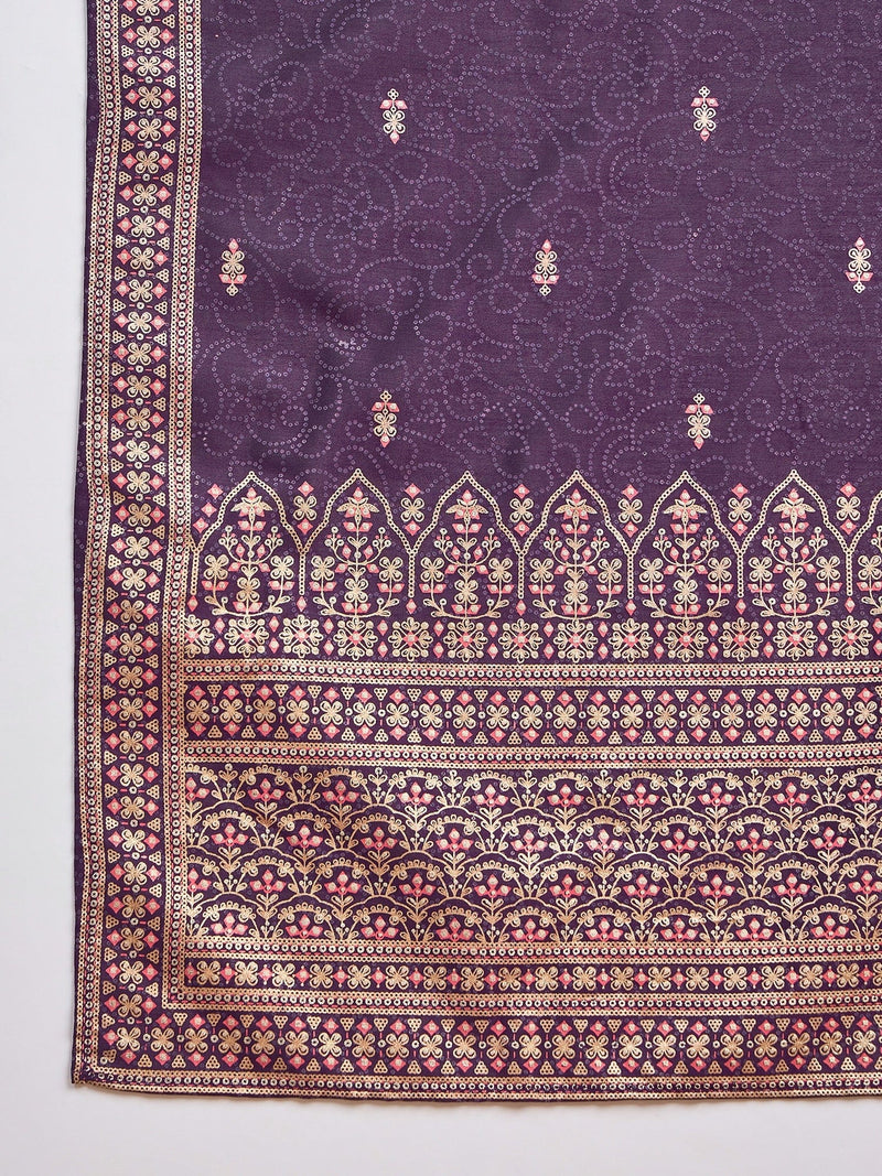 Purple Anarkali Kurta Paired With Trousers And Printed Dupatta