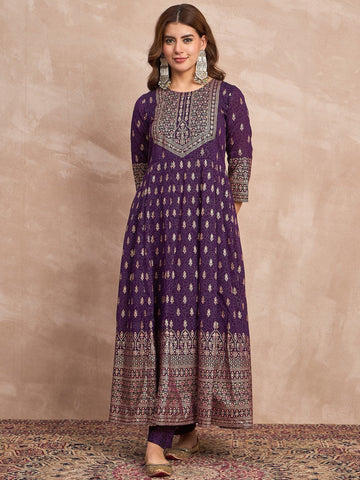 Purple Anarkali Kurta Paired With Trousers And Printed Dupatta