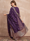 Purple Anarkali Kurta Paired With Trousers And Printed Dupatta