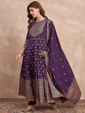 Purple Anarkali Kurta Paired With Trousers And Printed Dupatta