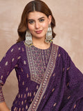 Purple Anarkali Kurta Paired With Trousers And Printed Dupatta