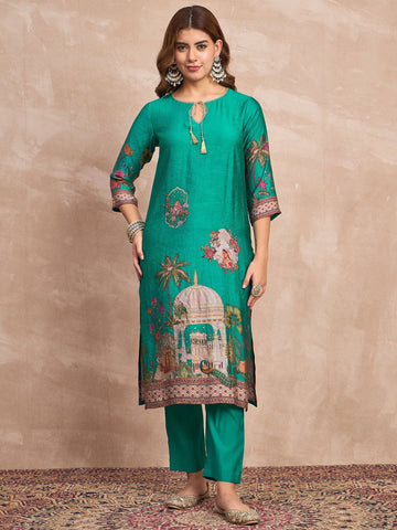 Floral-Printed Blue Straight-Fit Kurta , Three-Quarter Sleeves, Paired With Solid Ankle-Length Trousers And A Lace-Detailed Dupatta