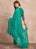 Floral-Printed Blue Straight-Fit Kurta , Three-Quarter Sleeves, Paired With Solid Ankle-Length Trousers And A Lace-Detailed Dupatta