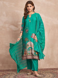 Floral-Printed Blue Straight-Fit Kurta , Three-Quarter Sleeves, Paired With Solid Ankle-Length Trousers And A Lace-Detailed Dupatta