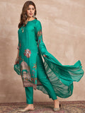Floral-Printed Blue Straight-Fit Kurta , Three-Quarter Sleeves, Paired With Solid Ankle-Length Trousers And A Lace-Detailed Dupatta