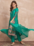 Floral-Printed Blue Straight-Fit Kurta , Three-Quarter Sleeves, Paired With Solid Ankle-Length Trousers And A Lace-Detailed Dupatta