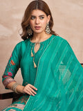 Floral-Printed Blue Straight-Fit Kurta , Three-Quarter Sleeves, Paired With Solid Ankle-Length Trousers And A Lace-Detailed Dupatta