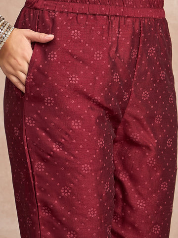 Red  Anarkali Kurta Paired With Trousers And Printed Dupatta