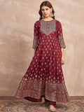 Red  Anarkali Kurta Paired With Trousers And Printed Dupatta
