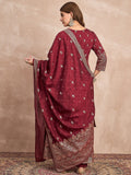 Red  Anarkali Kurta Paired With Trousers And Printed Dupatta