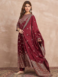 Red  Anarkali Kurta Paired With Trousers And Printed Dupatta