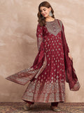 Red  Anarkali Kurta Paired With Trousers And Printed Dupatta