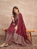 Red  Anarkali Kurta Paired With Trousers And Printed Dupatta