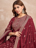 Red  Anarkali Kurta Paired With Trousers And Printed Dupatta