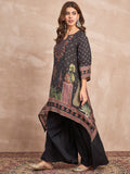 Black  Mughal-Printed C Cut Kurta With Lace Detailing, Paired With Solid Ankle-Length Divider Pants For A Stylish Ethnic Look
