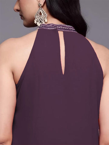 Varanga Women Halter Neck  Zari And Sequence Embroidered Sleeveless Flared Kurta Paired With Tonal Bottom
