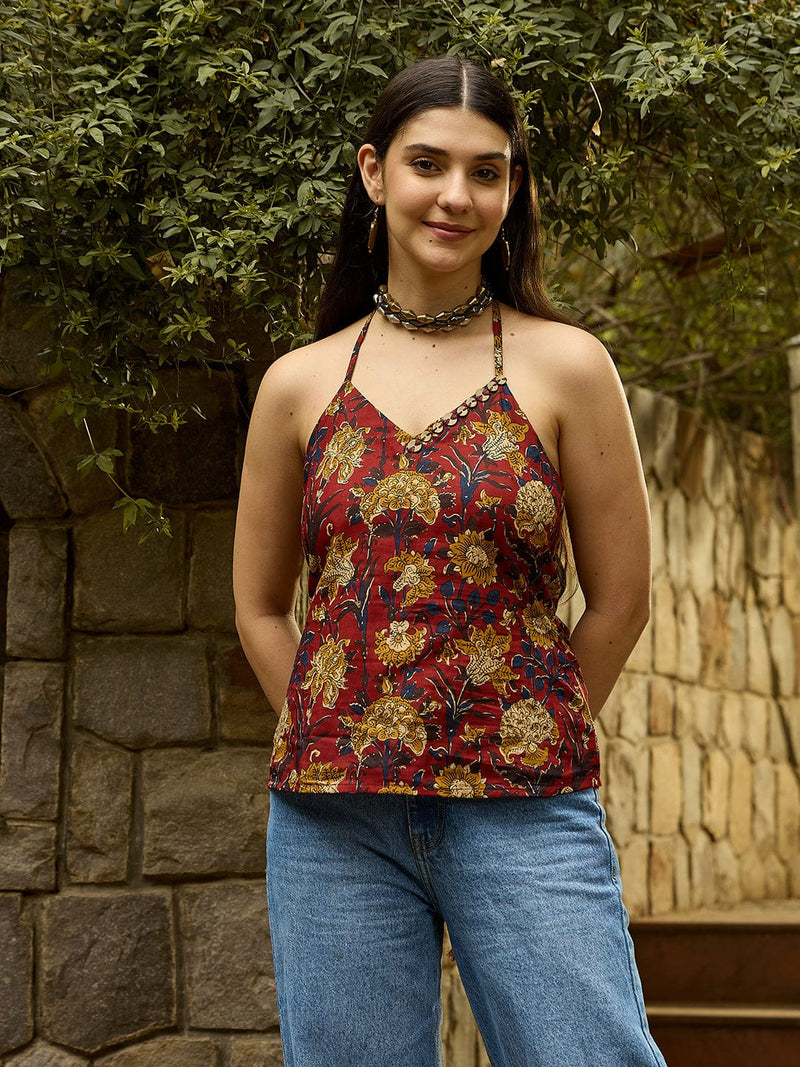 Rust Halter Neck Top with Block-Inspired Print