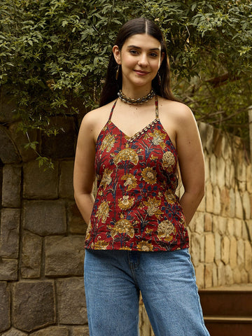 Rust Halter Neck Top with Block-Inspired Print