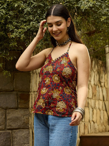 Rust Halter Neck Top with Block-Inspired Print