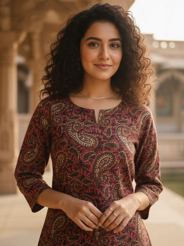 varanga women's Maroon Ethnic Kurta Set Straight-fit kurta with slit neckline, paired with straight trousers.