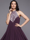 Varanga Women Halter Neck  Zari And Sequence Embroidered Sleeveless Flared Kurta Paired With Tonal Bottom
