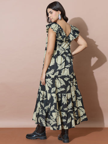Black Flared Dress With Botanical Motifs