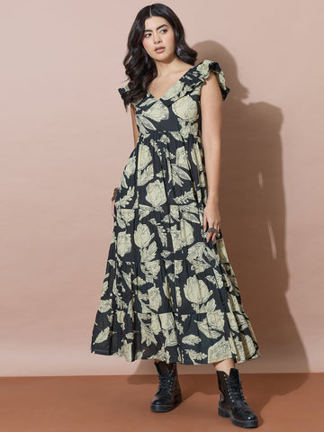 Black Flared Dress With Botanical Motifs