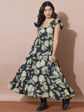 Black Flared Dress With Botanical Motifs