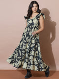 Black Flared Dress With Botanical Motifs